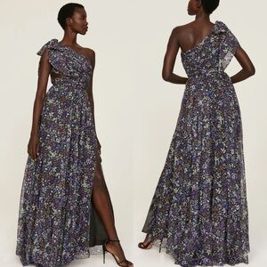 Mac Duggal One-Shoulder Floral Maxi Dress in Purple and Black